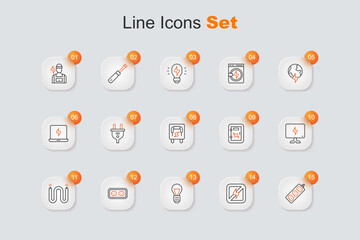 Set line Electric extension, No lightning, Creative lamp idea, Electrical outlet, cable, Smart Tv, panel and icon. Vector