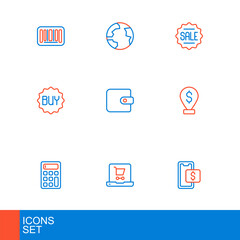 Set line Mobile shopping, Shopping cart on screen laptop, Calculator, Cash location, Buy button, Wallet, Price tag with Sale and Worldwide icon. Vector