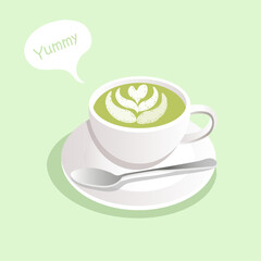  Matcha tea with milk ,  green drinks,cup of matcha with spoon , breakfast