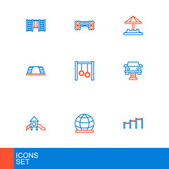 Set line Sport horizontal bar, Playground climbing equipment, Slide playground, Swing car, Monkey, Gymnastic rings, Sandbox with sand and kids bridge icon. Vector