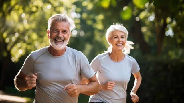Mature middle aged senior couple running together in the park stadium looking at each other while jogging slimming exercises. Training workout
