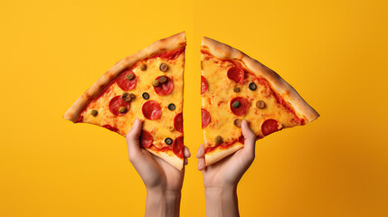 pizza isolated on yellow background 