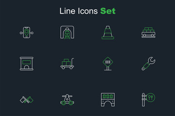 Naklejka premium Set line Cafe and restaurant location, Bridge for train, Handcar transportation, Flag, Wrench spanner, Railroad crossing, Trolley suitcase and Ticket office to buy tickets icon. Vector
