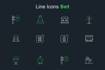 Set line Turnstile, Cafe and restaurant location, Suitcase, Stop sign, Passenger train cars, Online ticket booking, and Waiting hall icon. Vector