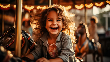 Obraz premium Happy young girl, merry-go-round, having fun at an amusement park. Generative AI