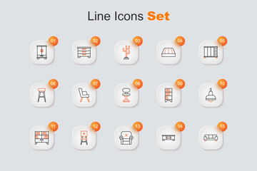 Set line Sofa, TV table stand, Armchair, Chair, Library bookshelf, Lamp hanging, and Office icon. Vector