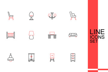 Set line Chest of drawers, Chair, Wardrobe, Lamp hanging, Sofa, Office desk, Table lamp and Baby crib cradle bed icon. Vector
