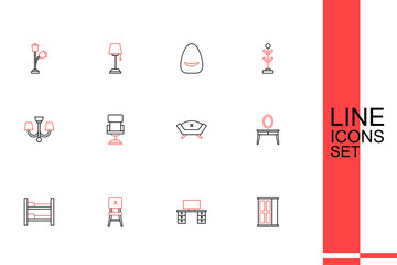 Set line Wardrobe, Office desk, Chair, Bunk bed, Dressing table, Sofa, chair and Chandelier icon. Vector