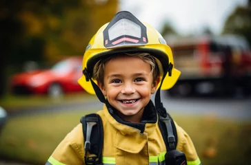 Fotobehang Attentive 6 year old boy in firefighter uniform observing © Victoria