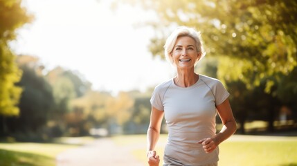 Jogging workout. Middle aged caucasian woman during jogging workout on the morning outdoor. Be...