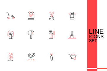 Set line Wheelbarrow, Carrot, Sprout, Flower, Shovel, Garden sprayer for water, Bird house and Tree icon. Vector