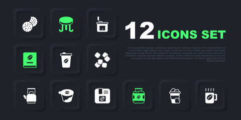 Set Iced coffee, Coffee cup, to go, jar bottle, book, Pour over maker, table and Bag beans icon. Vector