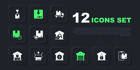 Set Closed warehouse, Document tracking marker, Delivery security with shield, Warehouse, Carton cardboard box, and price icon. Vector