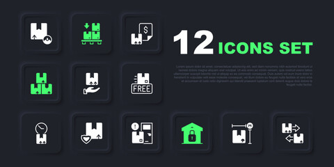 Set Cardboard box measurement, with traffic symbol, Delivery hand, Closed warehouse, Carton cardboard, security shield, boxes pallet and Home delivery services icon. Vector