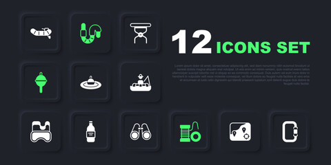 Set Location fishing, Carabiner, Fishing float water, Spinning reel for, Bottle of vodka, Worm and Binoculars icon. Vector