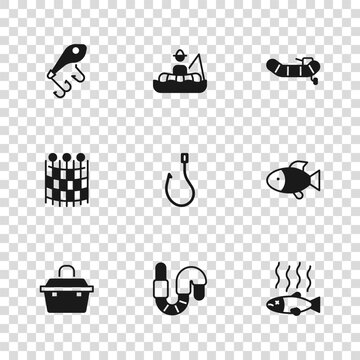Set Worm, Fish, Dead fish, Fishing hook, Inflatable boat with motor, lure, Fisherman and net pattern icon. Vector