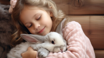 copy space, stockphoto, cute little child cuddling a cute rabbit. Love and affection between a cute rabbit and a young child. Beautiful design for a calendar.