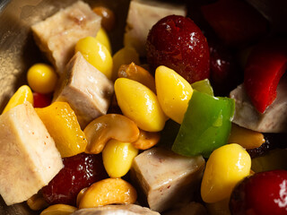 stir fried ginkgo, jujube, taro, bell pepper and cashew nuts