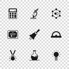 Set Test tube, Protractor grid, Creative lamp light idea, Ringing bell, Molecule, Calculator, Microscope and Certificate template icon. Vector
