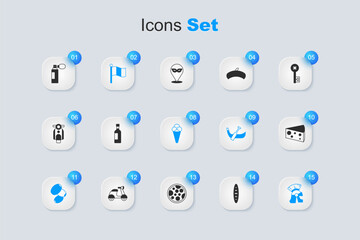 Set French baguette bread, Bottle of wine, Flag Italy, Olives, Roman army helmet, Cheese, Perfume and Ice cream waffle icon. Vector