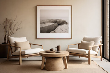 Modern Japandi living room featuring beige lounge chairs and a round coffee table against the wall with frames. Contemporary and stylish decor, creating a cozy and comfortable living space.