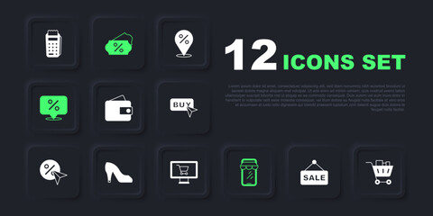 Set Hanging sign with text Sale, Shopping cart and food, Wallet, Online shopping on phone, Discount percent tag, Woman shoe, and monitor icon. Vector