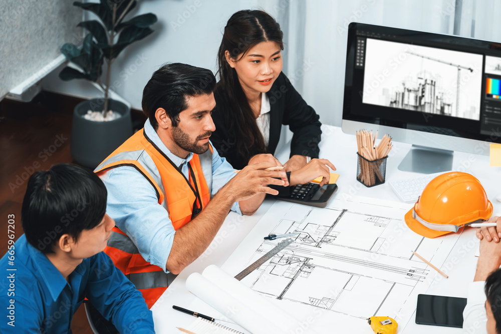 Poster diverse group of civil engineer and client working together on architectural project, reviewing cons