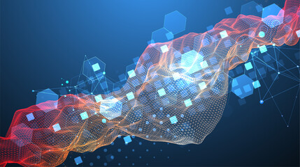 The abstract wave is made in a frame style in a bright gradient color. Template for science and technology presentation.