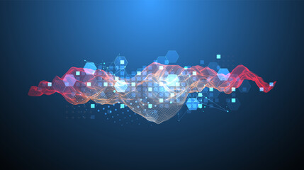 The abstract wave is made in a frame style in a bright gradient color. Template for science and technology presentation.