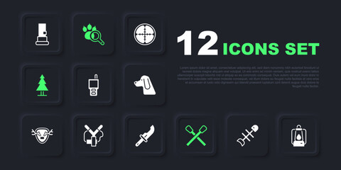Set Dead fish, Camping lantern, Walkie talkie, Burning match with fire, Tree, Slingshot, Paw search and Hunter knife icon. Vector
