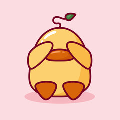 Cute Round Duck Is Scared. Cartoon Duckling sits, closing eyes with wings. Sticker of Scared Chicken, Goose. Duck with Sprout on Head. Children's Drawing. Vector illustration in Flat style
