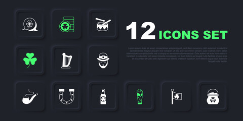 Set Ireland flag with clover, Pot of gold coins, Harp, Glass beer, Clover trefoil leaf, Horseshoe, Golden leprechaun and Beer bottle icon. Vector