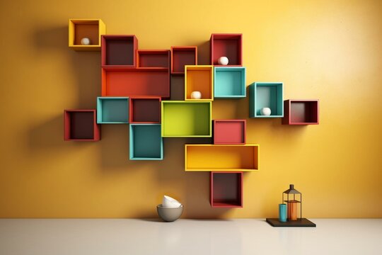 Abstract shelf with colorful square blocks. Generative AI
