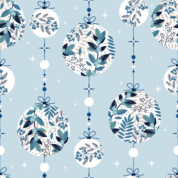 Christmas seamless blue pattern with christmas balls. Berries and  plants. Background for wrapping paper, fabric print, greeting cards.