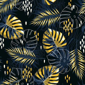 Tropical modern pattern with artistic palm and monstera leaves on dark background. Seamless vector pattern.