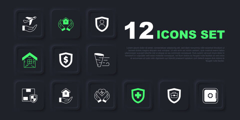 Set Briefcase with shield, Safe, Shield dollar, Life insurance, House, hand, and icon. Vector