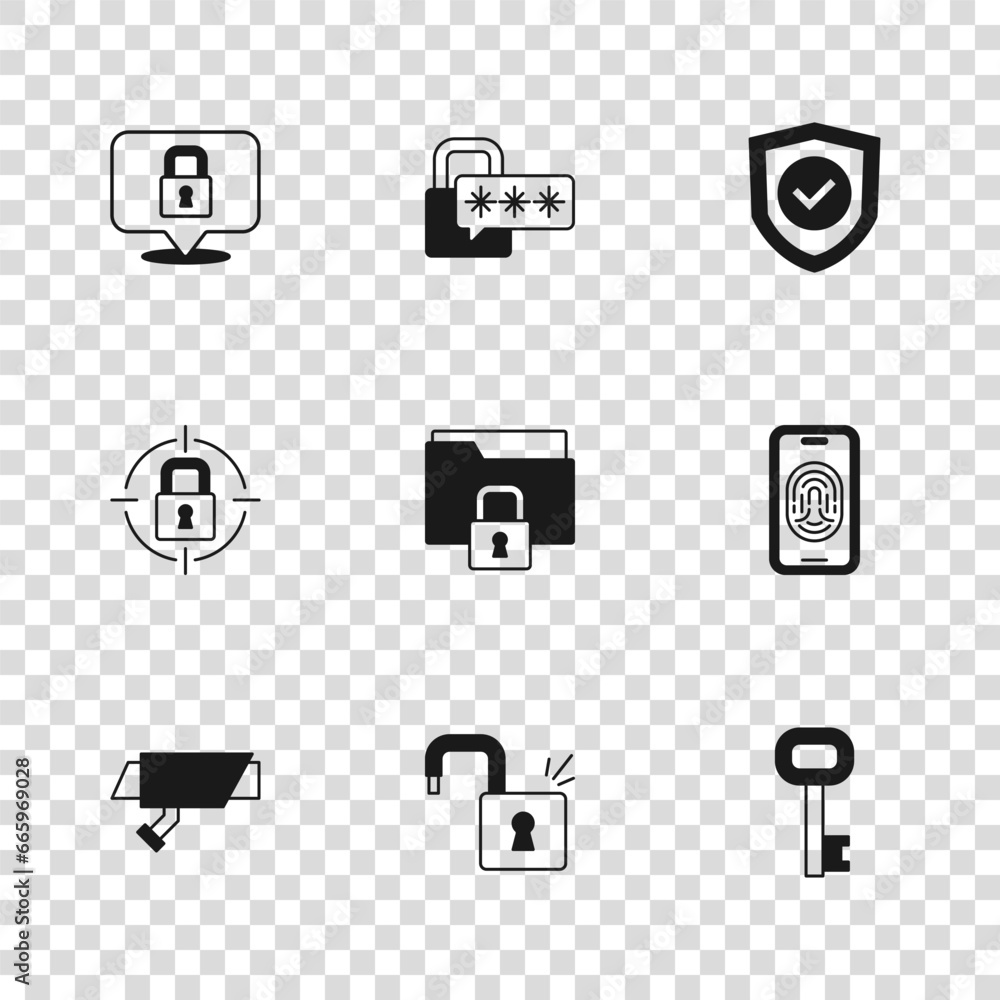 Poster set open padlock, mobile with fingerprint scanner, old key, folder and, shield check mark, lock, cyb