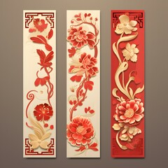 set of 3 oriental banners with flowers and borders