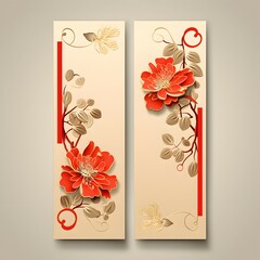 set of 2 oriental banners with red flowers and borders