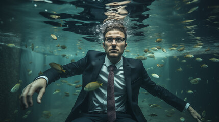 man wearing business suit underwater with fish near surface ripples