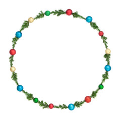 Christmas winter fir and bauble wreath decoration on white background. Festive decorative nature minimal design for greeting card, logo, menu, invitation, Yule, Noel.