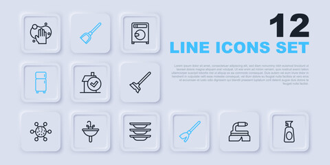 Set line Brush for cleaning, Cleaning spray with detergent, Home service, Handle broom, Refrigerator, Washbasin, Dustpan and Washing dishes icon. Vector