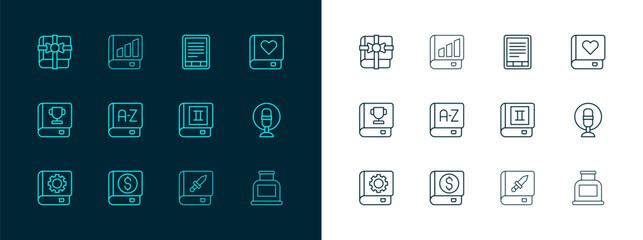 Set line Romance book, Financial, Book, about weapon, Translator, E-Book reader, as gift and icon. Vector