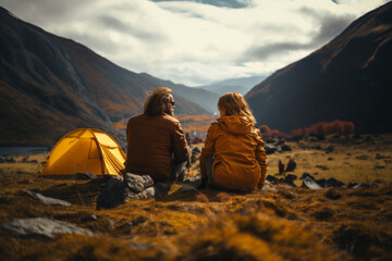 Fototapeta premium Happy couple in outwear sitting on the rocks near the tent camp against the backdrop of picturesque mountain landscape. Caucasian family is engaged in a mountain hiking. Tourism and active lifestyle.