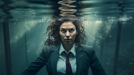 woman wearing business suit underwater near surface ripples - obrazy, fototapety, plakaty