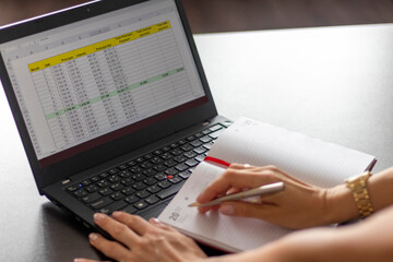 Shot of a woman working on the laptop showing an excel sheet on the screen with bank loan amortization table. Finance