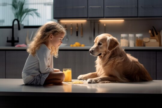 Beautiful Little Girl Is Posing With A Golden Retriever Dog At The Kitchen Table. Cute Baby And Her Pet Preparing For Breakfast At Home. Happy Smiling Girl And Puppy Enjoy Their Time Spent Together.