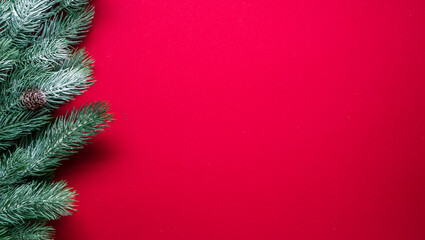 Red New Year or Christmas background with snowy fir branch and fir cones.