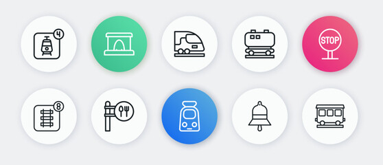 Set line Train and railway, Stop sign, Online ticket booking, station bell, Oil cistern, High-speed train, Passenger cars and Cafe restaurant location icon. Vector