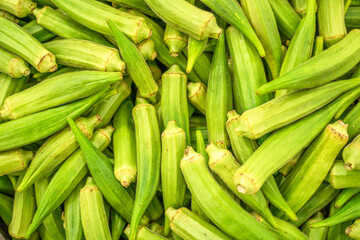 Green okra seed pods on the farm market stall. Food background.